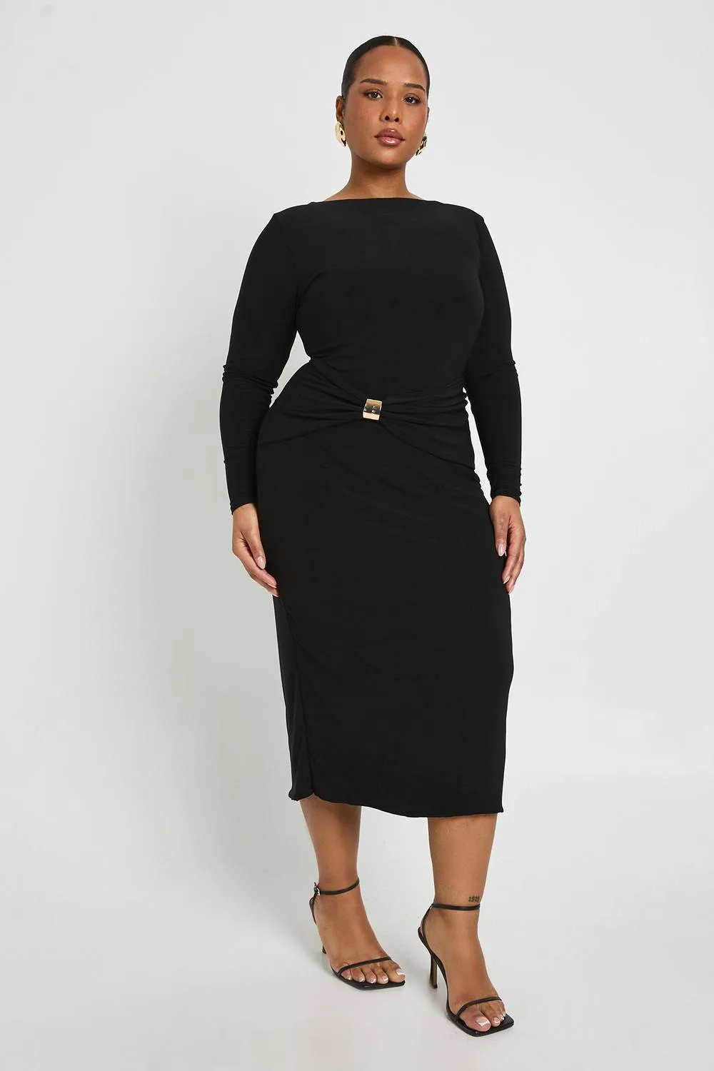 Ruched Waist Gold Trim Midaxi Dress