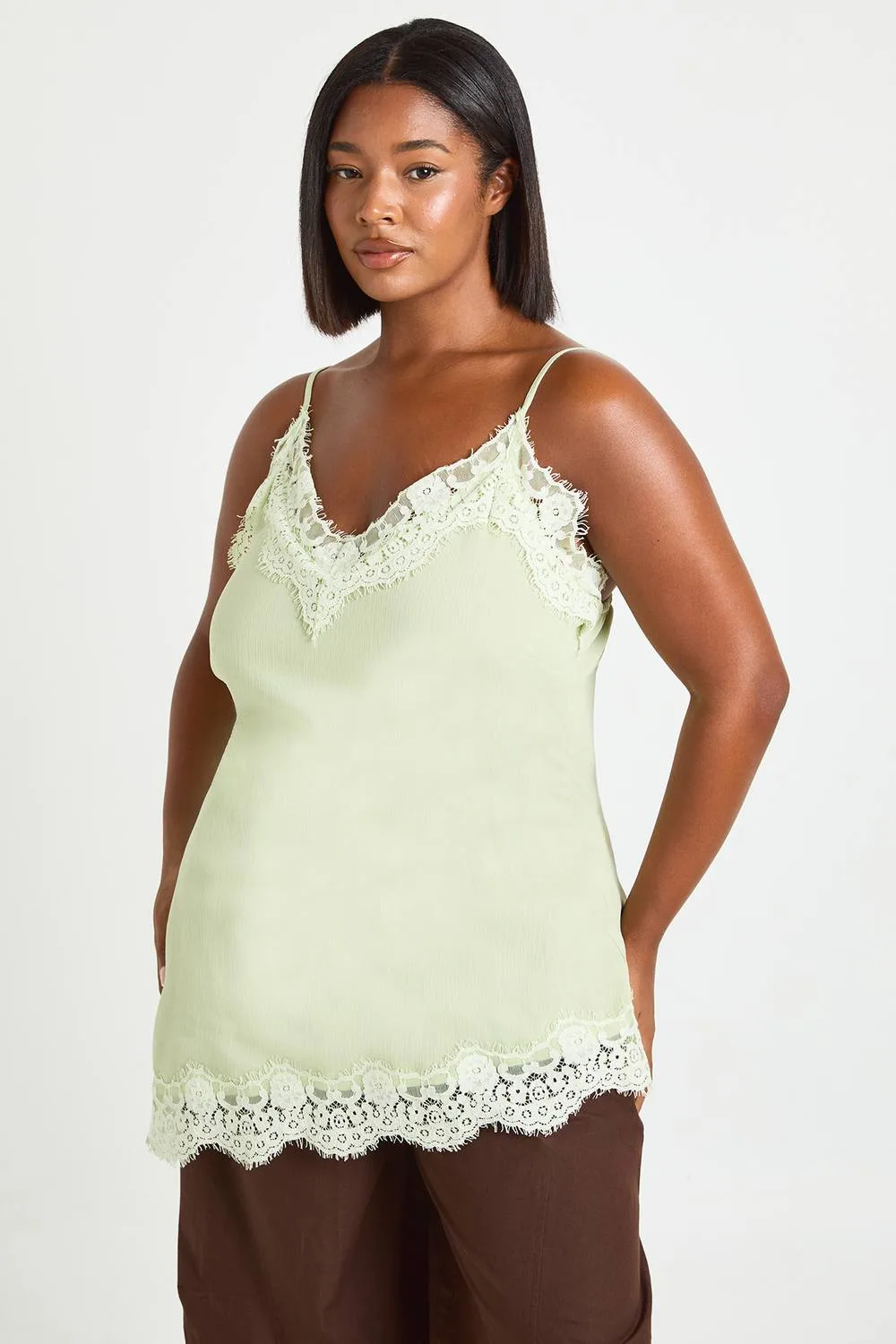 Lace Trim Chiffon Asymmetric Cami Top by boohoo