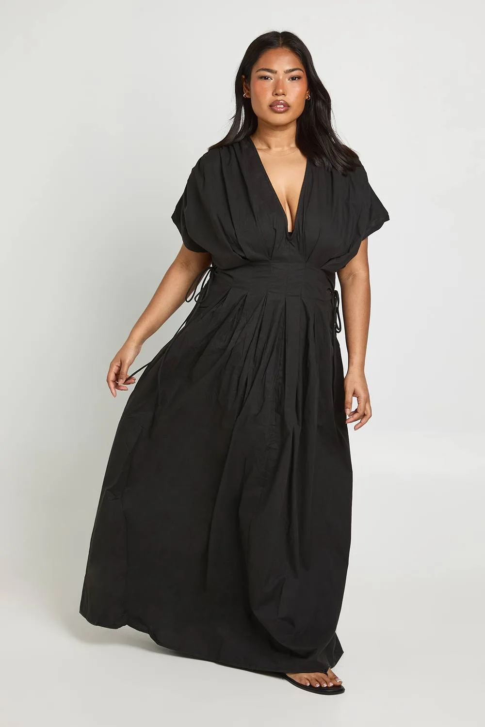 Cotton Poplin Ruched Tie Waist Detail Maxi Dress by boohoo