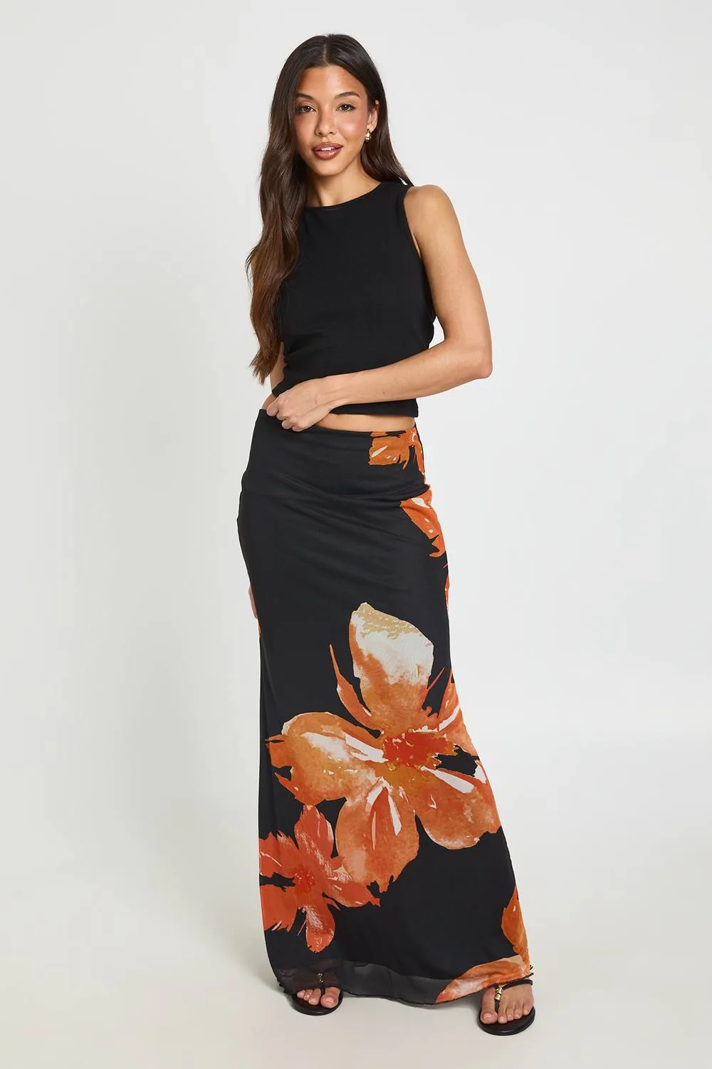 Floral Print Mesh Lined Maxi Skirt by boohoo