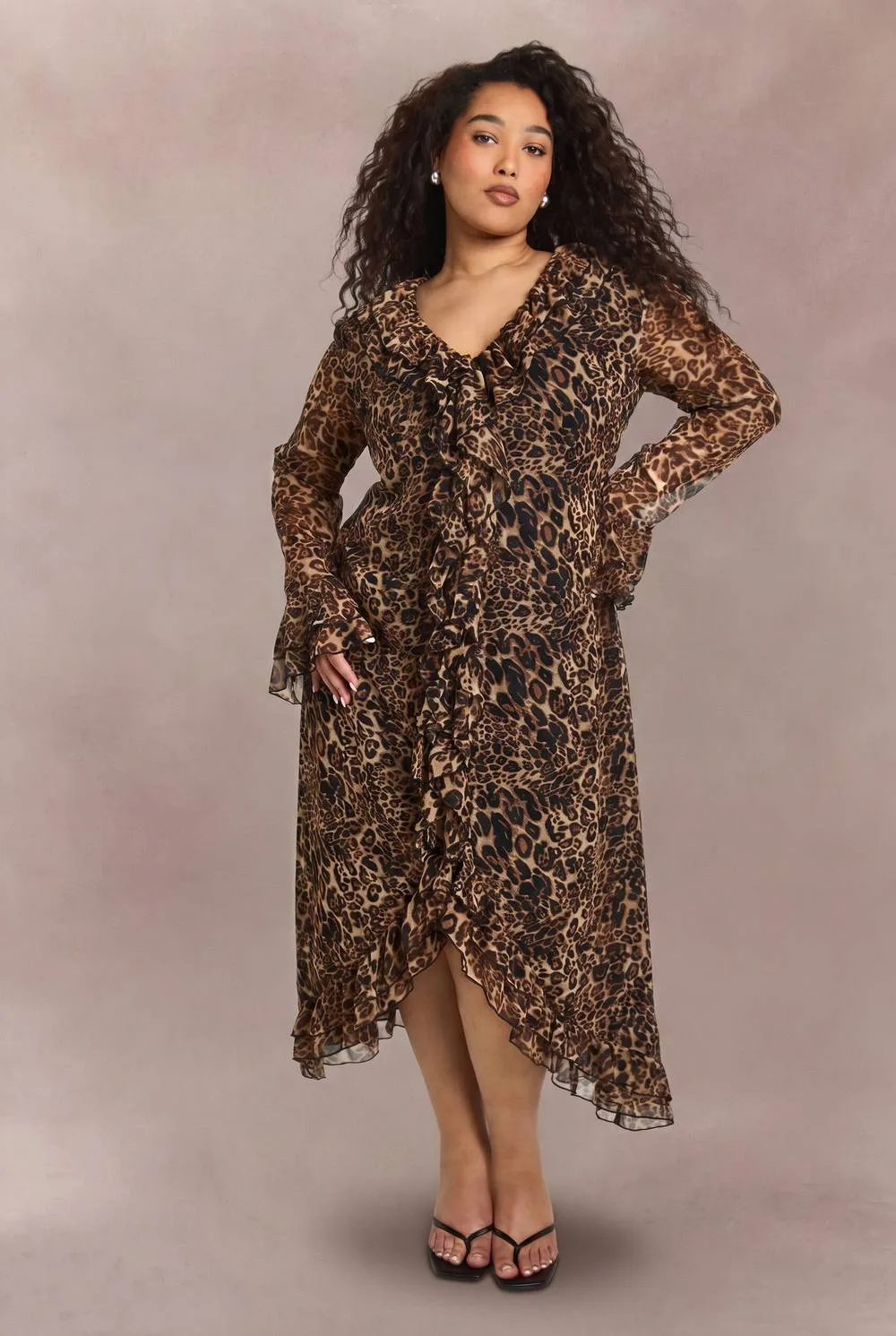 Chiffon Leopard Ruffle Midaxi Dress by boohoo
