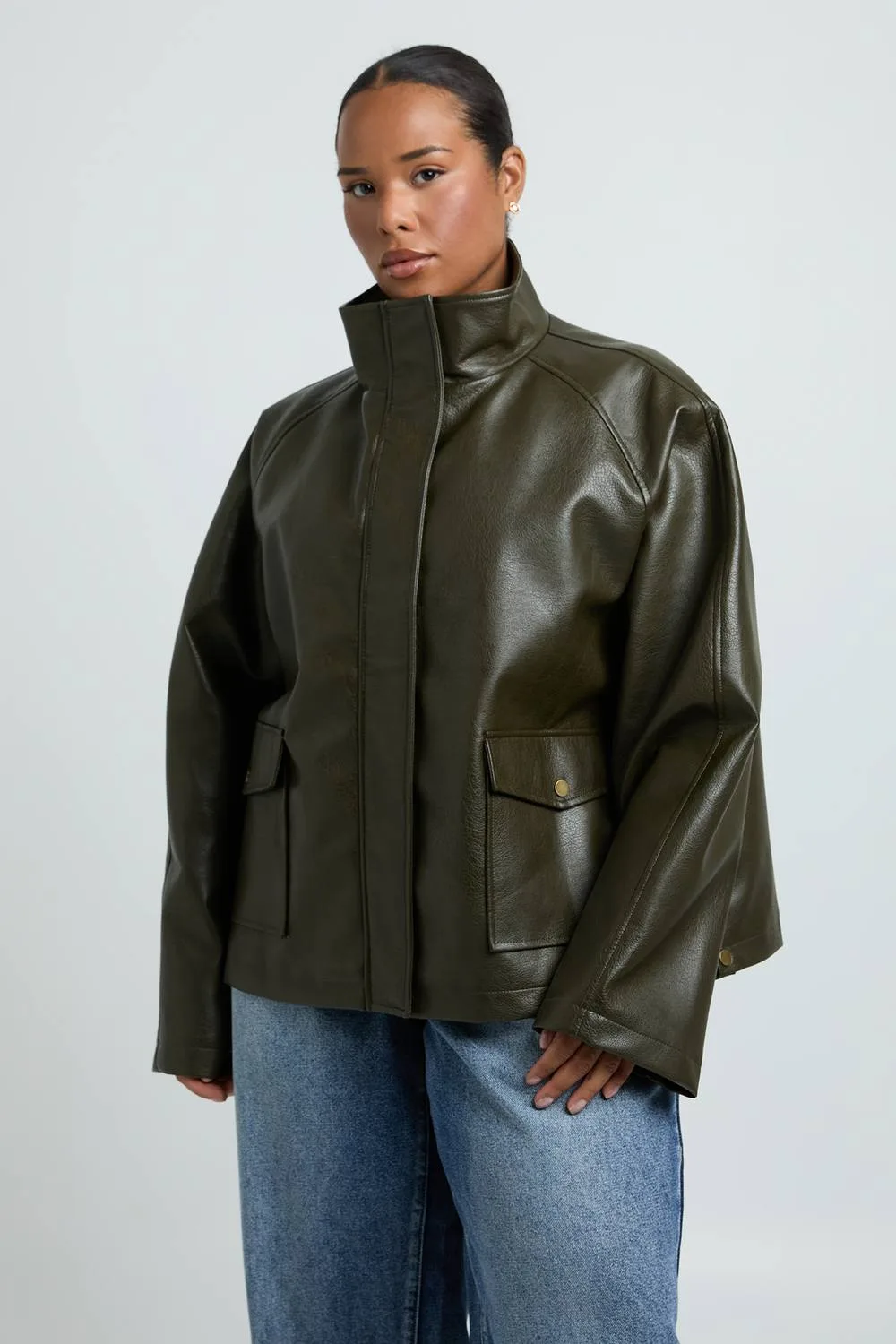 Faux Leather Funnel Neck Jacket by boohoo