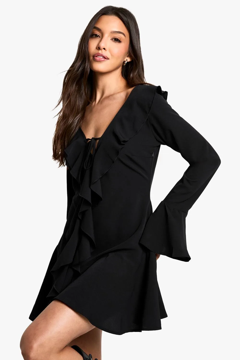 Textured Ruffle Long Sleeve Mini Dress by boohoo
