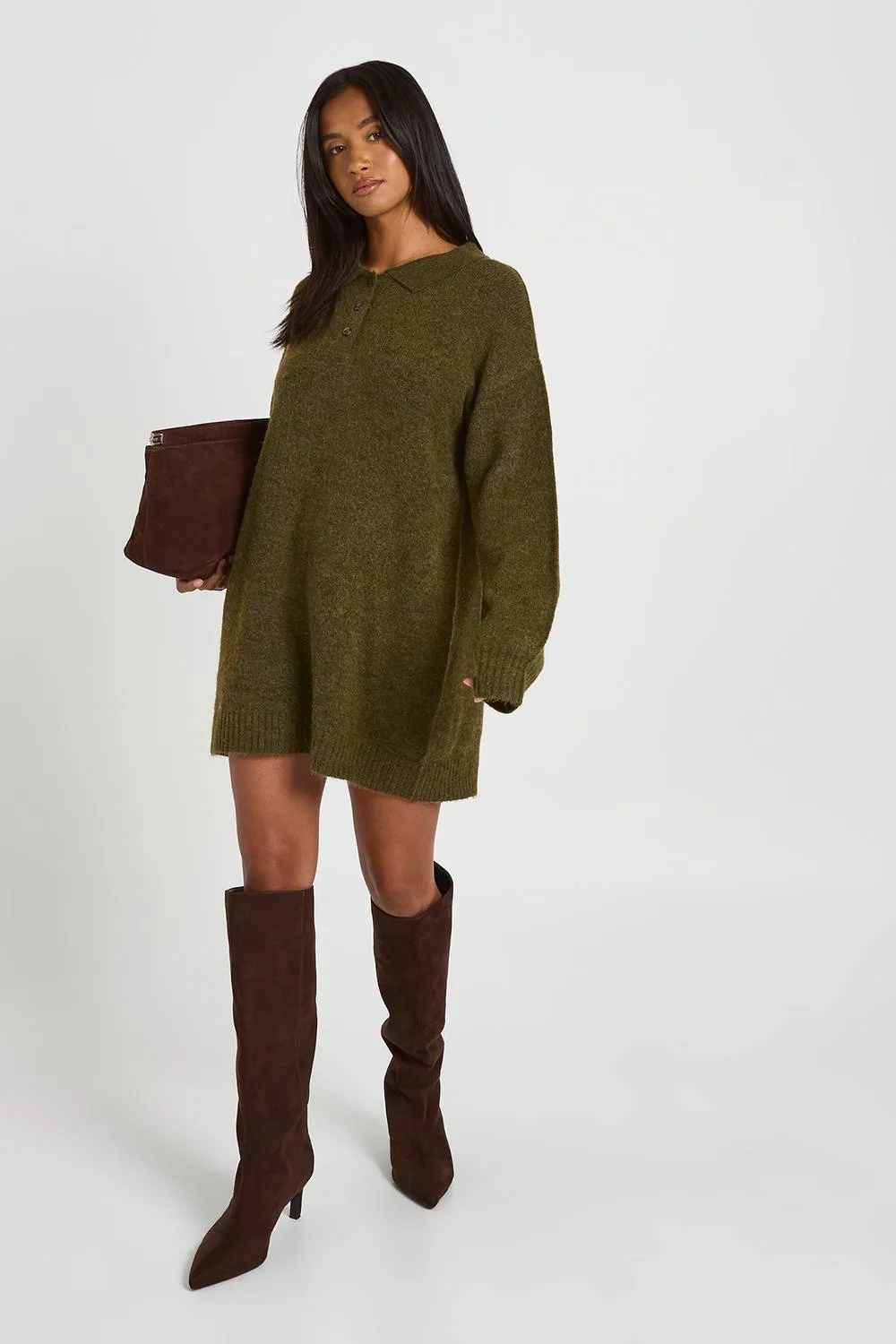Collared Button Down Oversized Knitted Jumper Dress