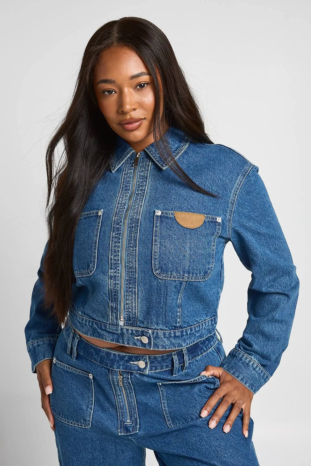 Tab Detail Zip Front Denim Jacket by boohoo