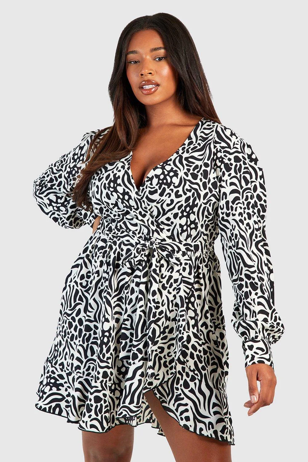 Zebra Wrap Ruffle Skater Dress by boohoo
