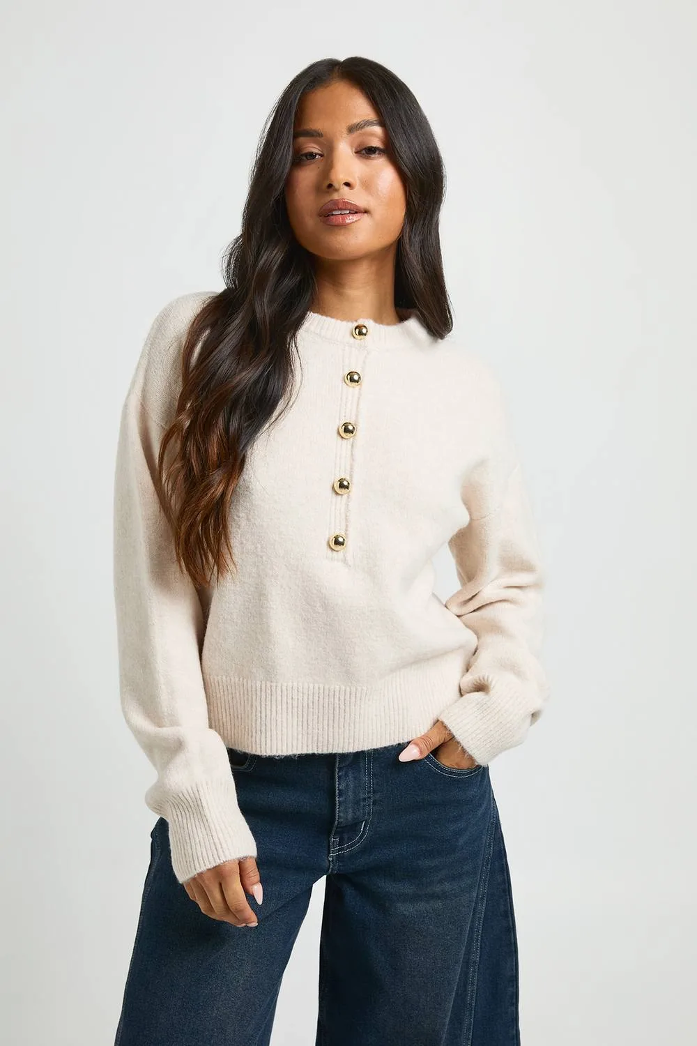 Gold Button Neck Jumper by boohoo