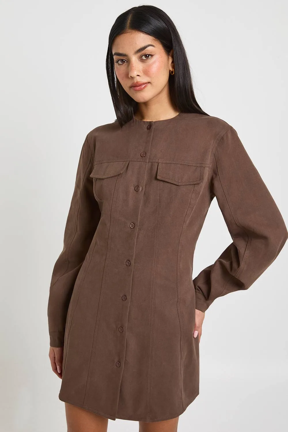 Twill Button Through Barrel Sleeve Shirt Dress by boohoo