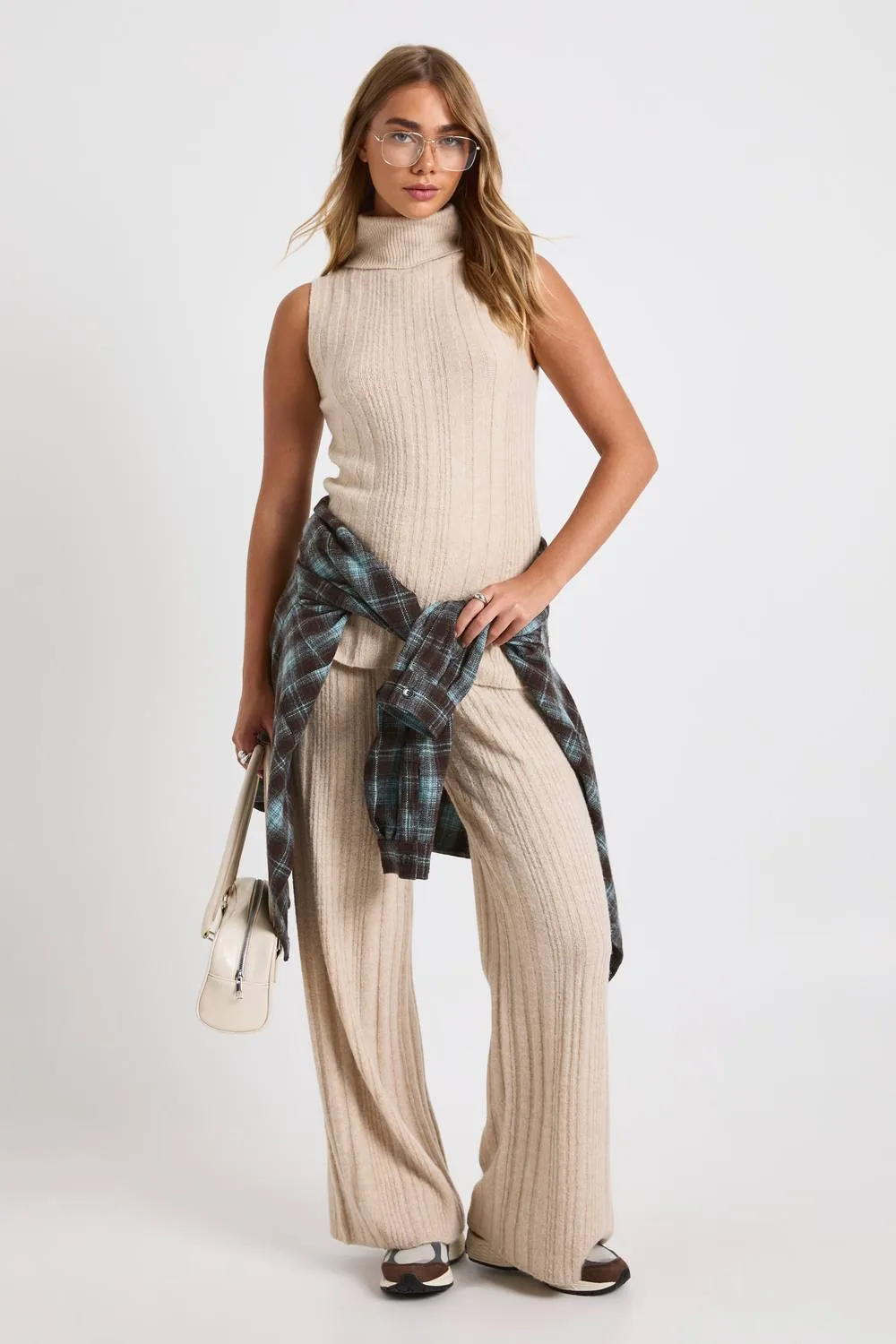 Soft Knit Longline Roll Neck Sleeveless Jumper & Wide Leg Trouser Co-Ord - Stone by boohoo