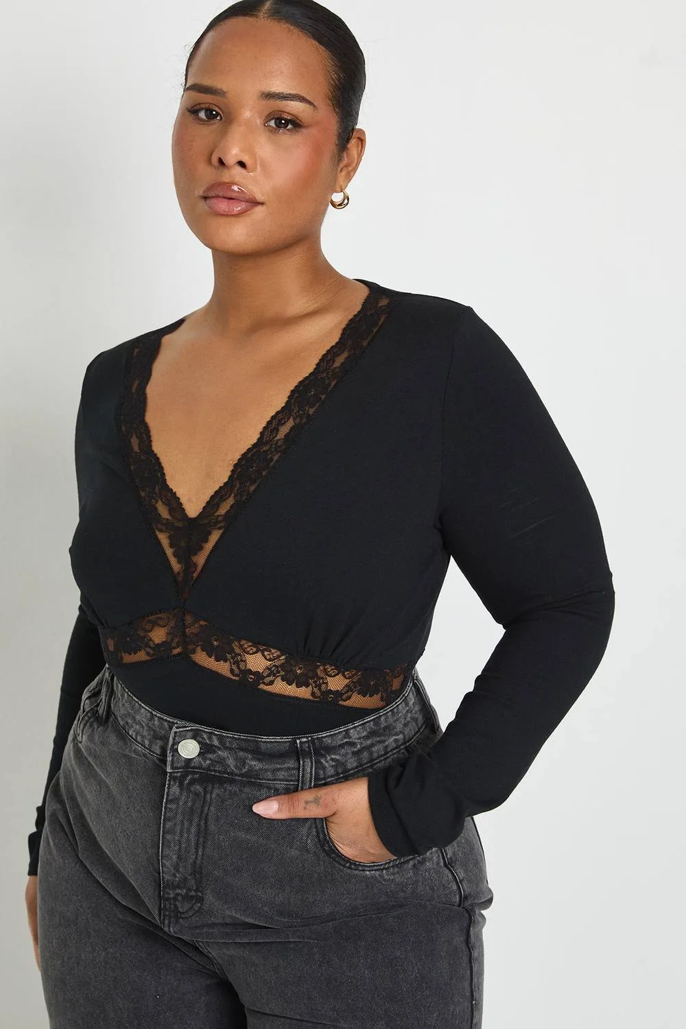Cotton Lace Trim Long Sleeve Bodysuit by boohoo