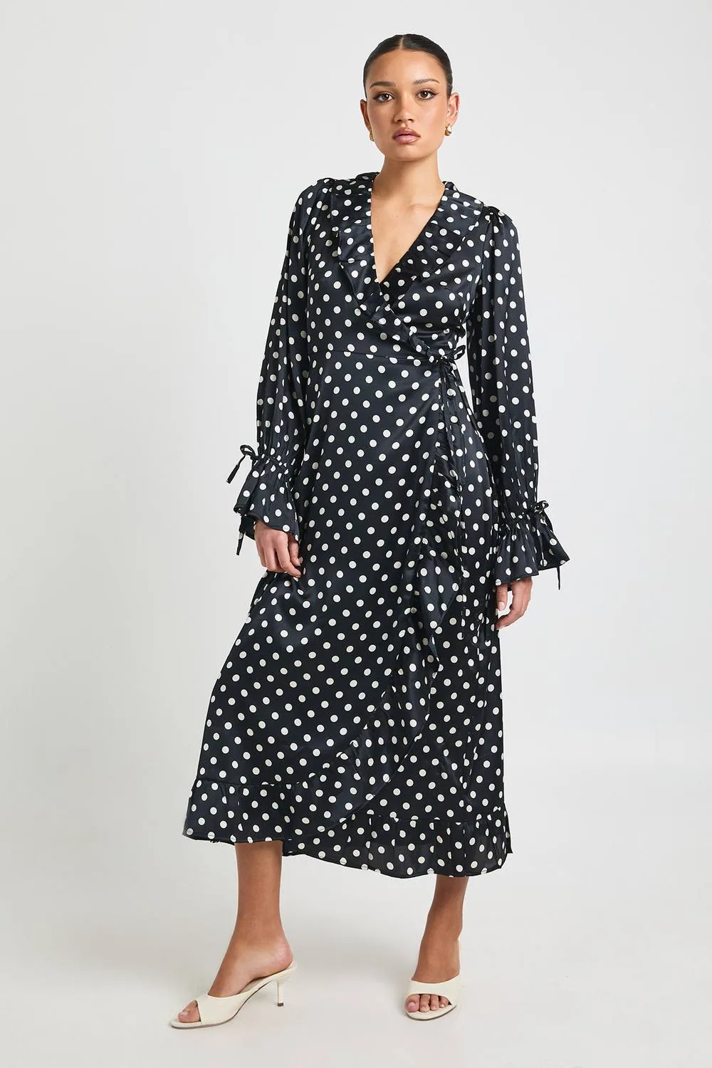 Polka Dot Print Ruffle Wrap Midi Dress by boohoo