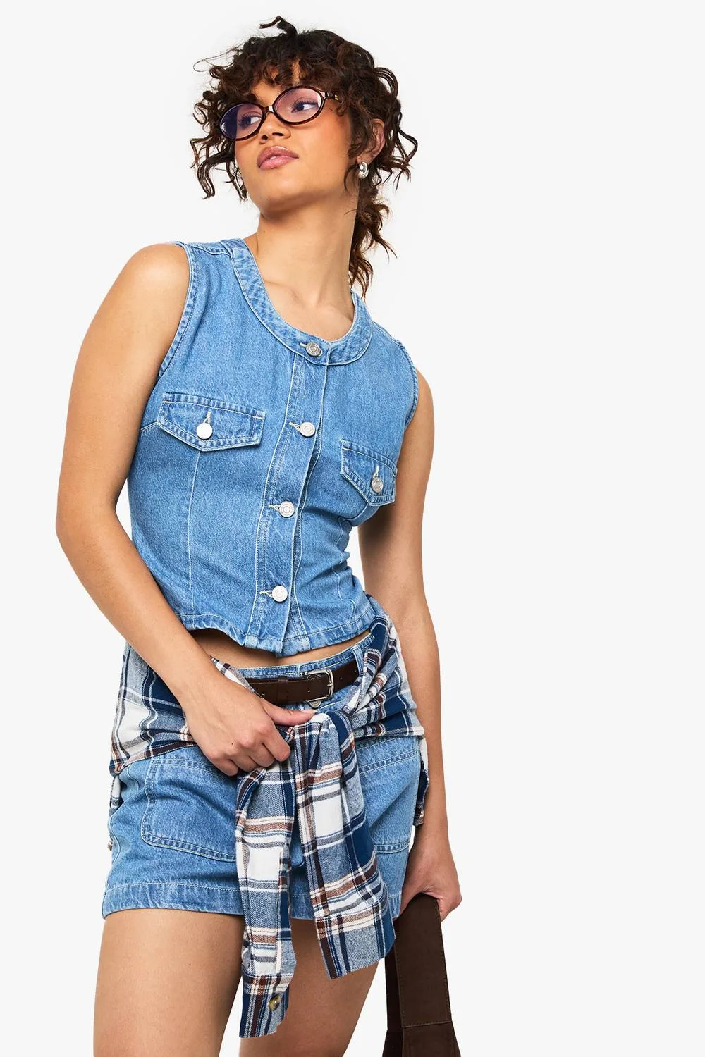 Button Down Denim Waistcoat by boohoo