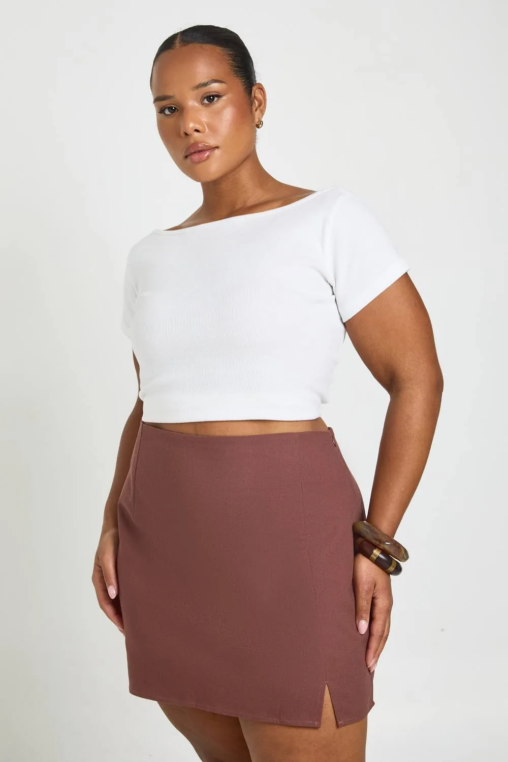 Linen Look Split Front Mini Skirt by boohoo