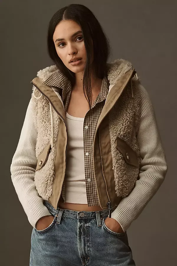 Hooded Sherpa Fleece Sweater Jacket by Pilcro