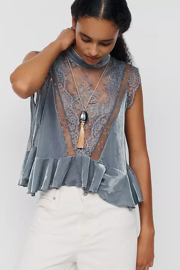Harmony Velvet Lace Peplum Blouse by Anthropologie