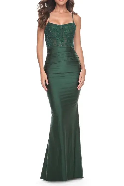 Ruched Jersey Dress with Illusion Corset Lace Top