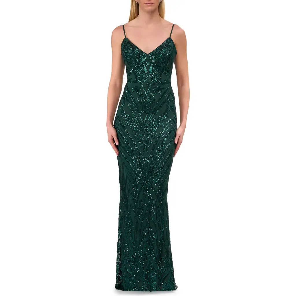 Print Sequin Gown with V Neckline by La Femme