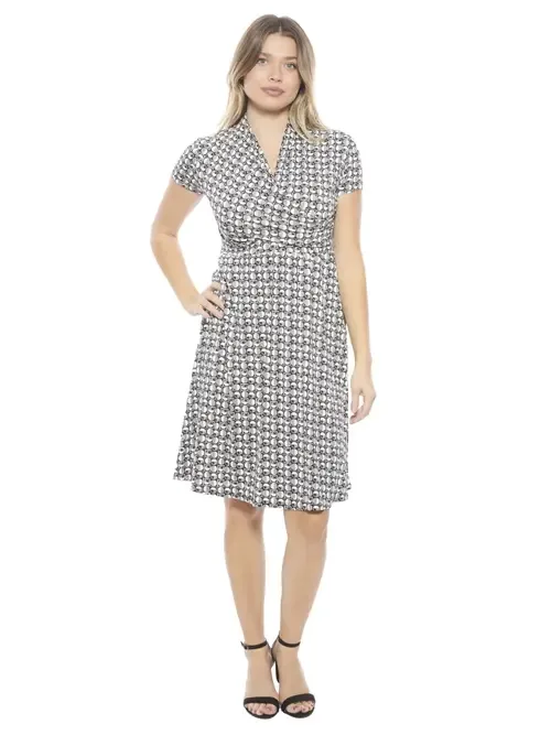 Geometric V-Neck Short Sleeve Faux Wrap Knee Length A-Line Dress by 24seven Comfort Apparel