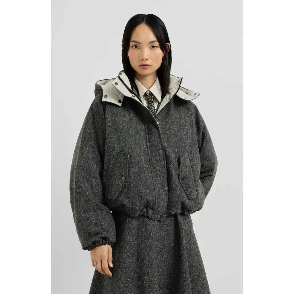 Virgin Wool Donegal Down Jacket with Detachable Hood and Shiny Zipper Pull by Brunello Cucinelli