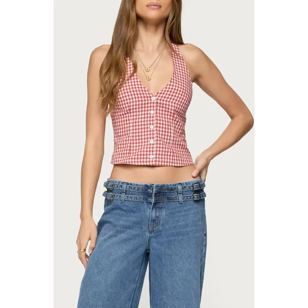 Evan Gingham Cotton Halter Top