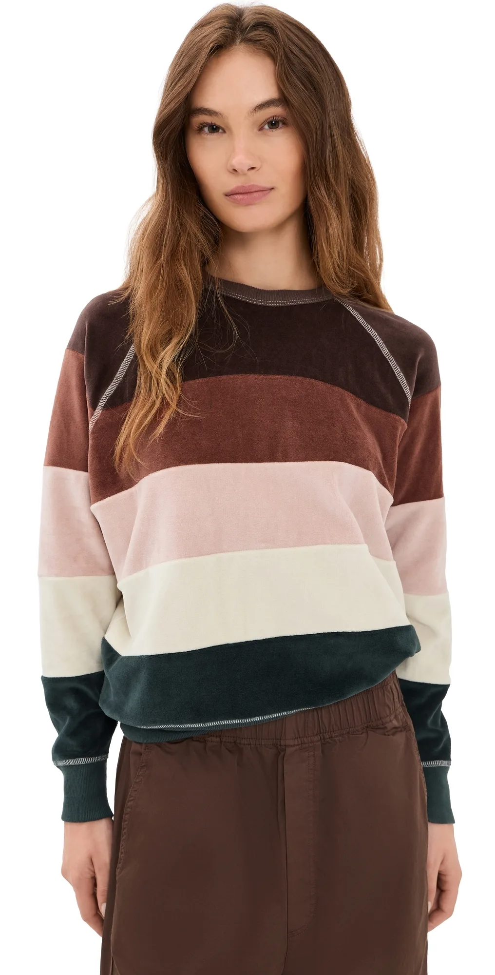 The Pieced Stripe Velour College Sweatshirt by The Great