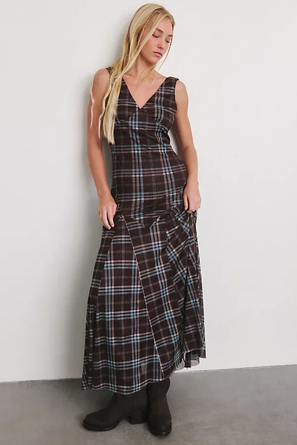 Plunging Plaid Mesh Drop Waist Maxi Dress by Another Girl