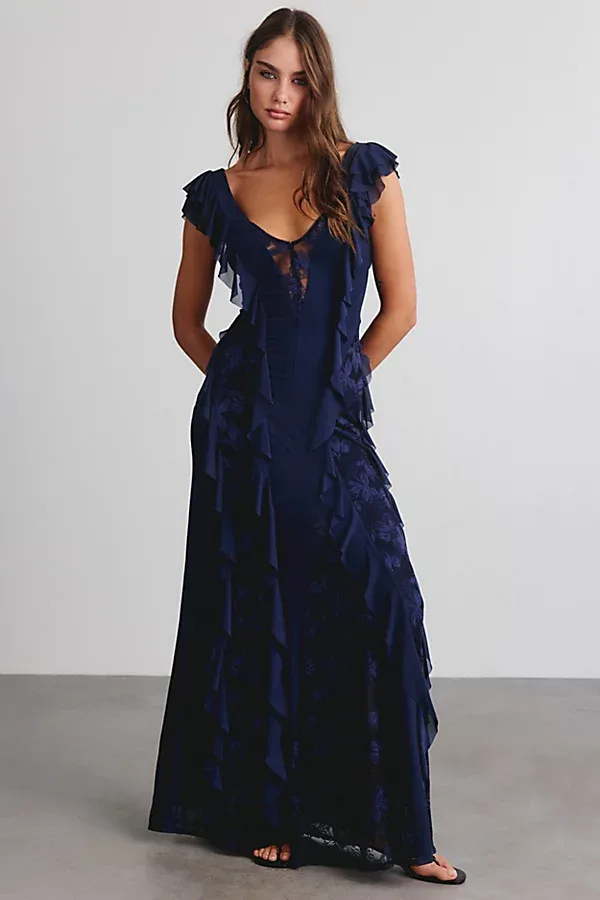 Trisa Lace Trim Ruffle Maxi Dress by AFRM