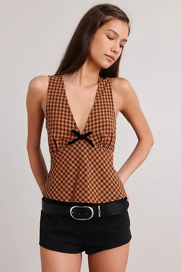Samia Bow Detail Plunging V-Neck Tank Top by BDG