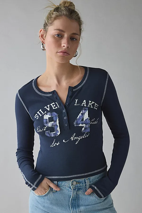 UO Silverlake Applique Graphic Long Sleeve Henley Tee by Urban Outfitters