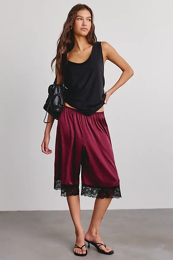 Tierra Lace Trim Satin Long Shorts by Kimchi Blue
