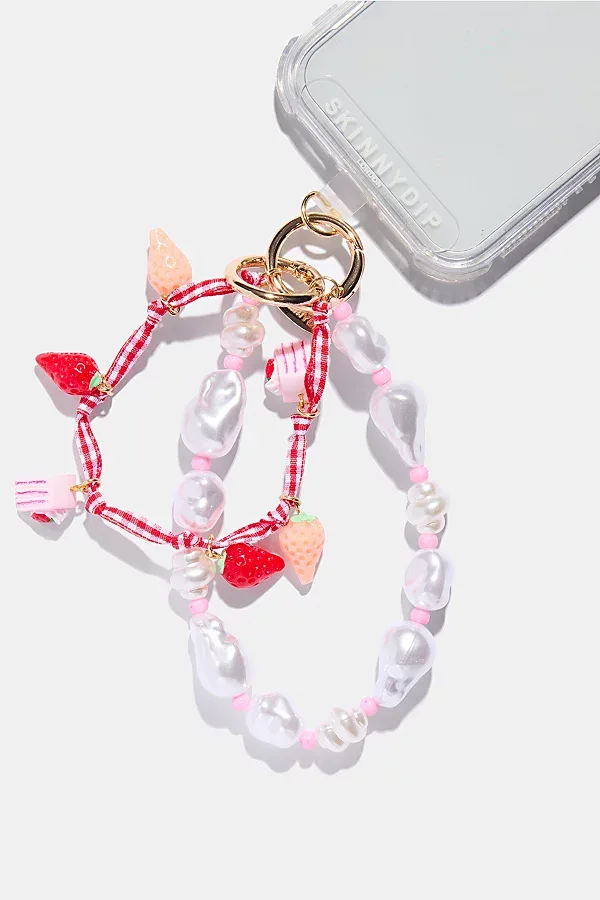 Strawberry Gingham Pearl Beaded Phone Chain by Skinnydip London