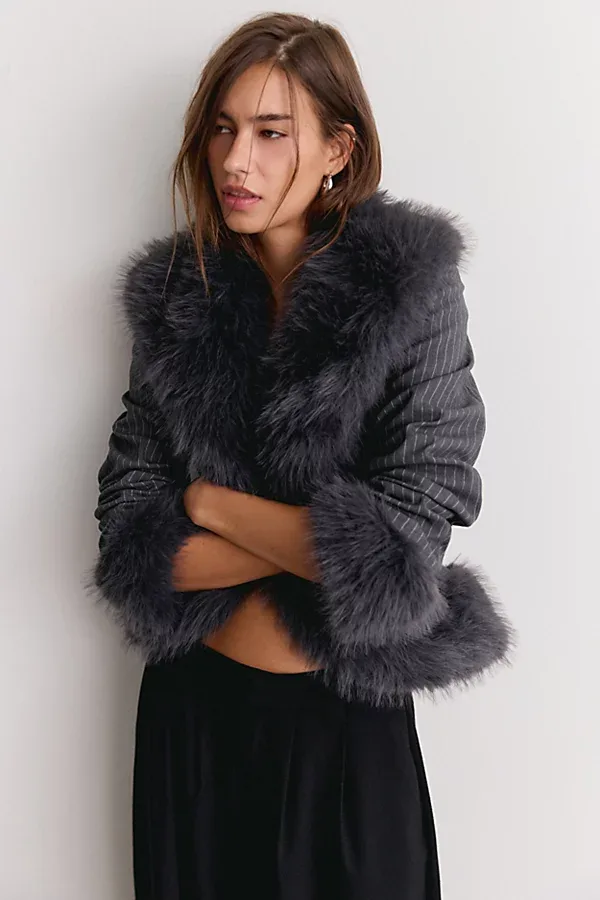 Clarra Tailored Pinstripe Faux Fur Trim Jacket by AFRM
