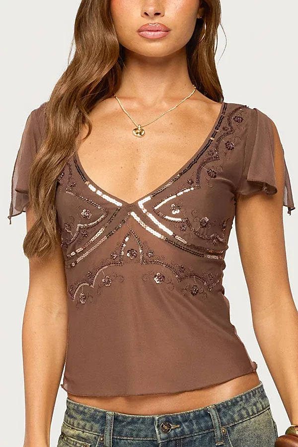 Ciri Sequin Mesh V Neck Top by Edikted