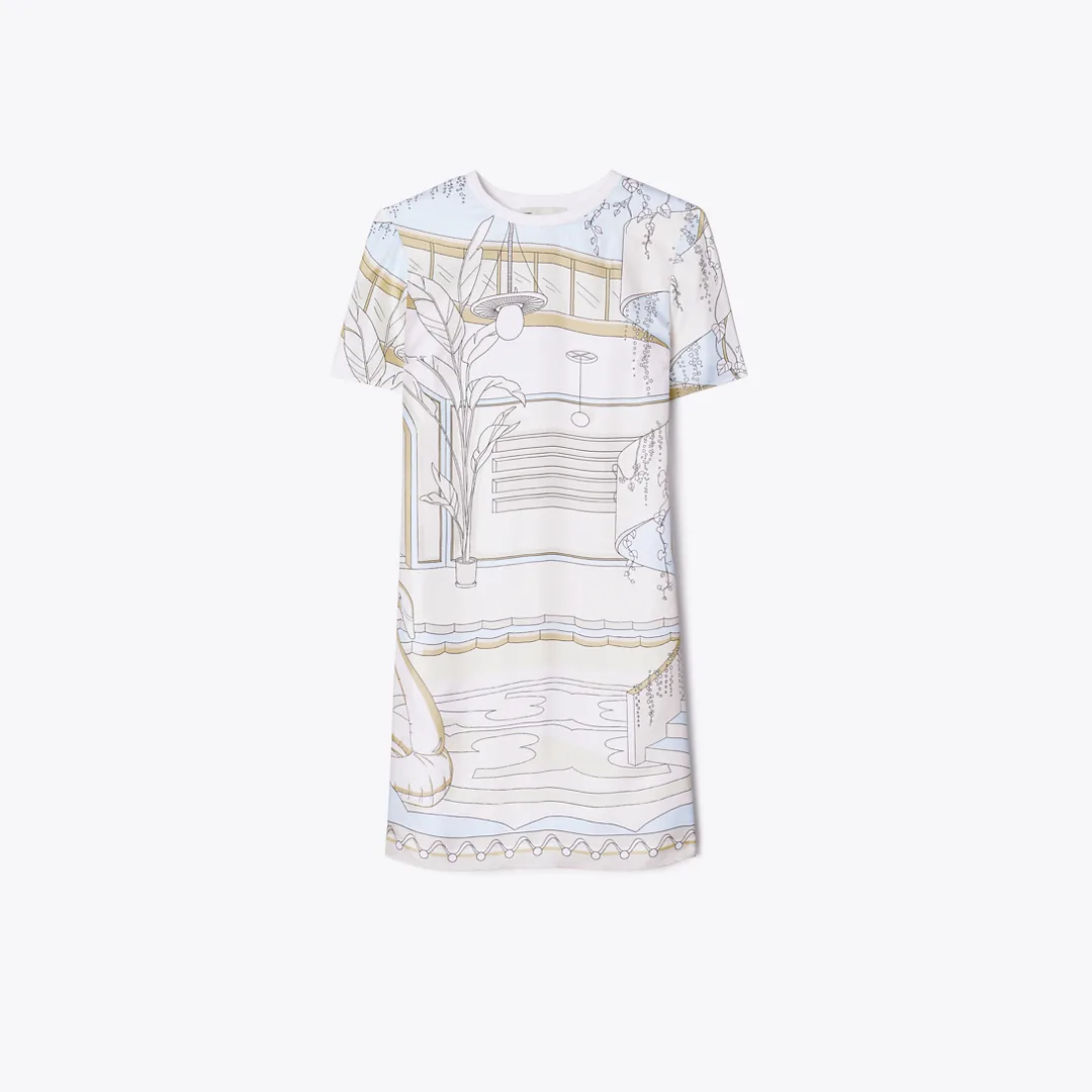 Printed Silk Front T-Shirt Dress