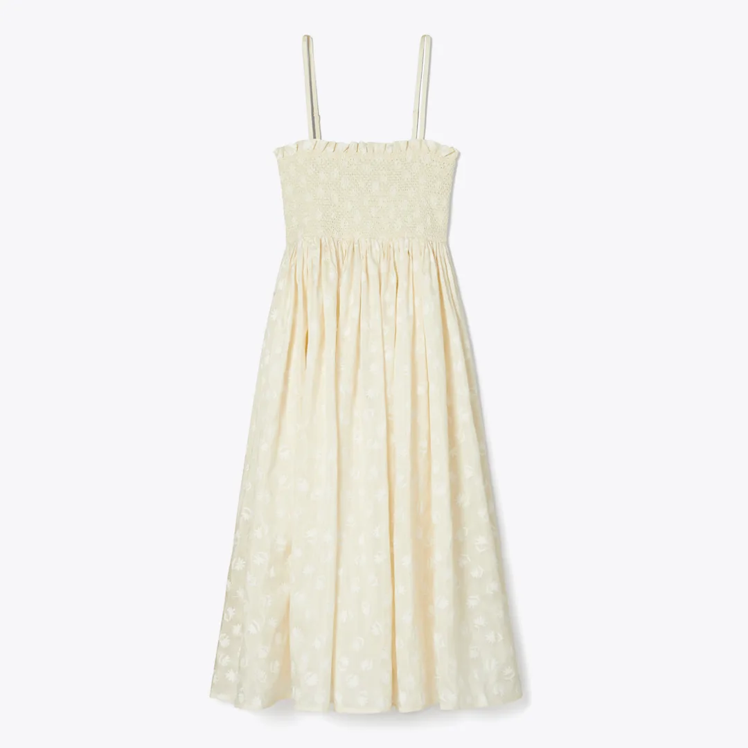 Strapless Smocked Silk Dress by Tory Burch