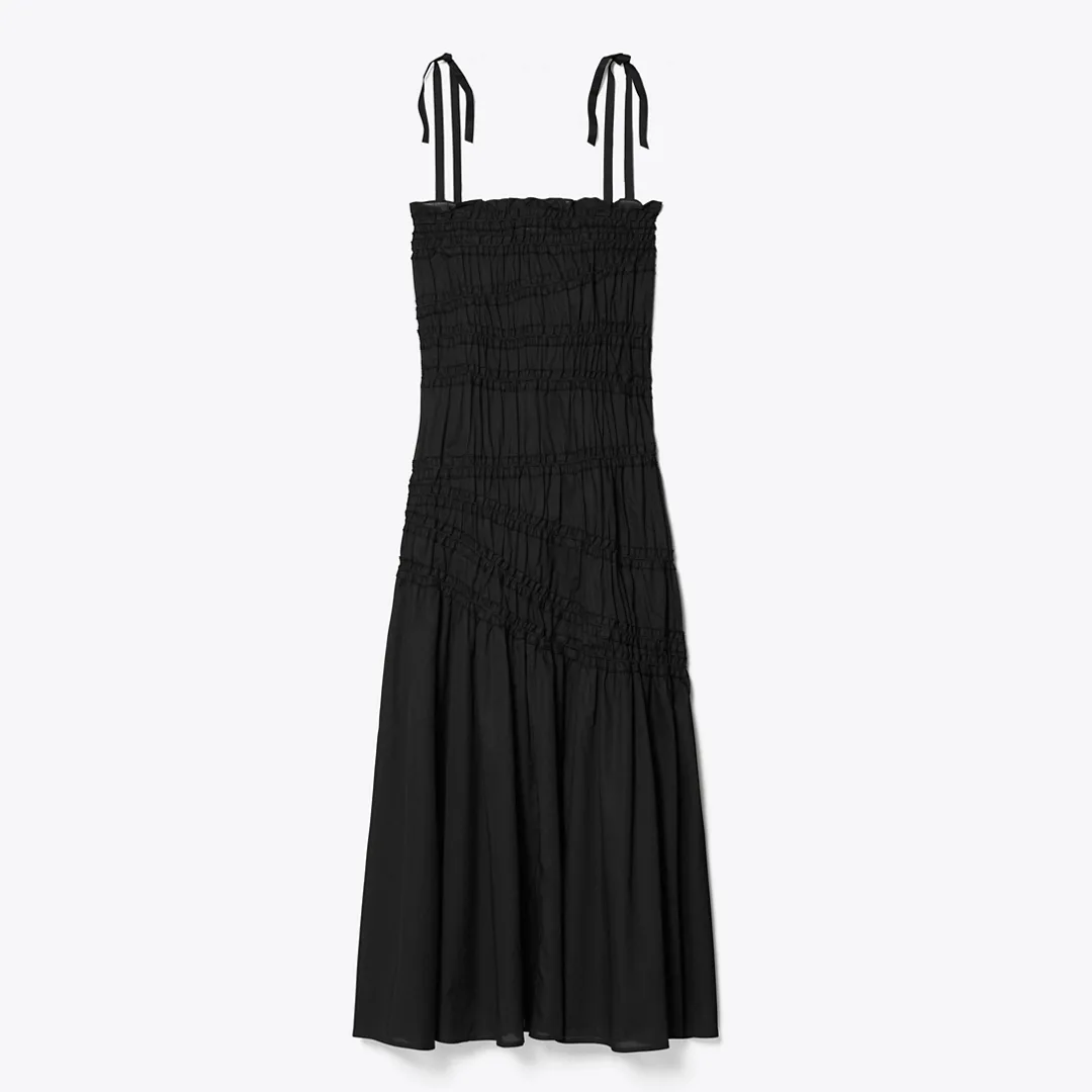 Shoulder Tie Smocked Cotton Dress