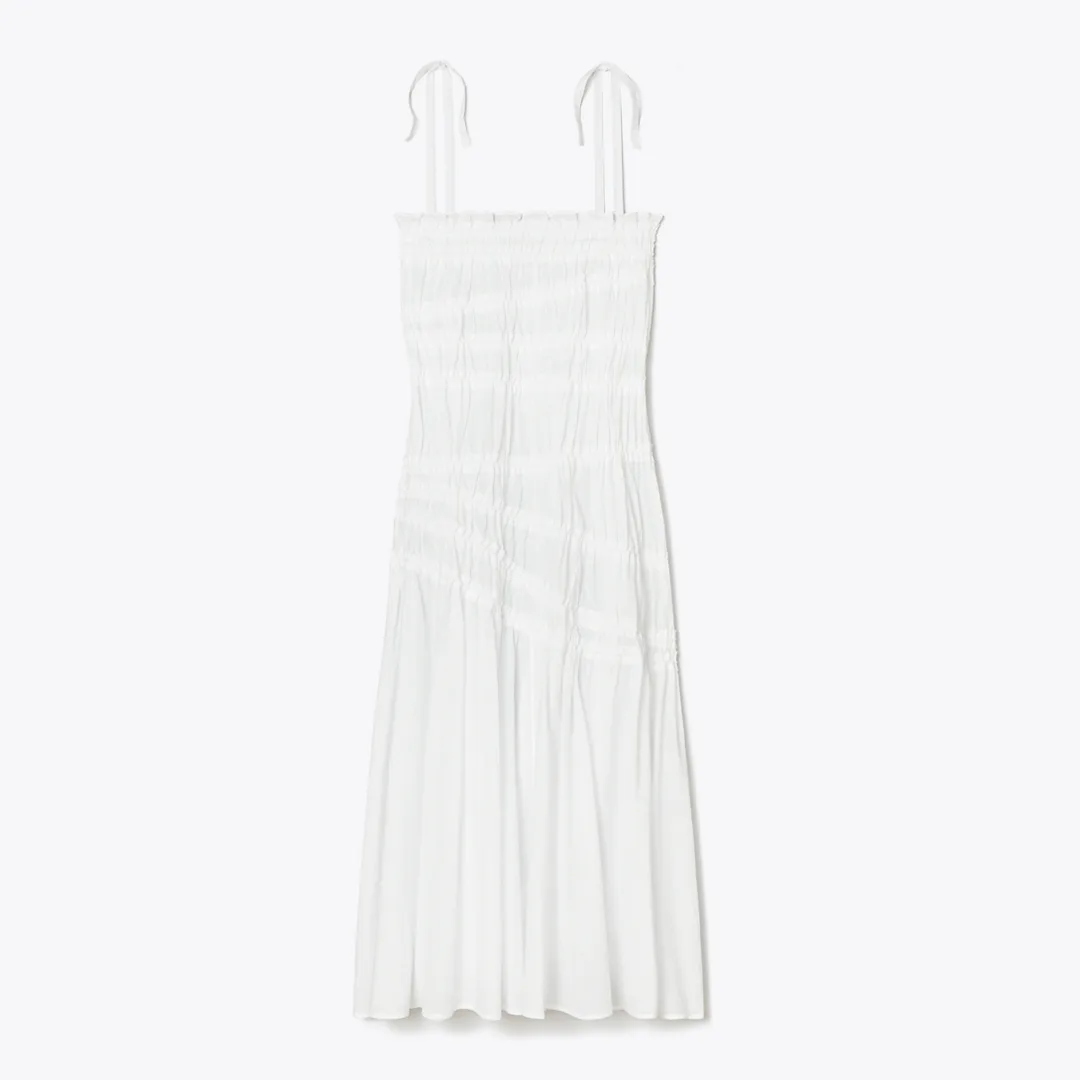 Shoulder Tie Smocked Cotton Dress