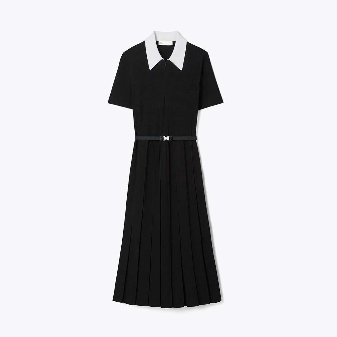 T Monogram Pointelle Pleated Dress