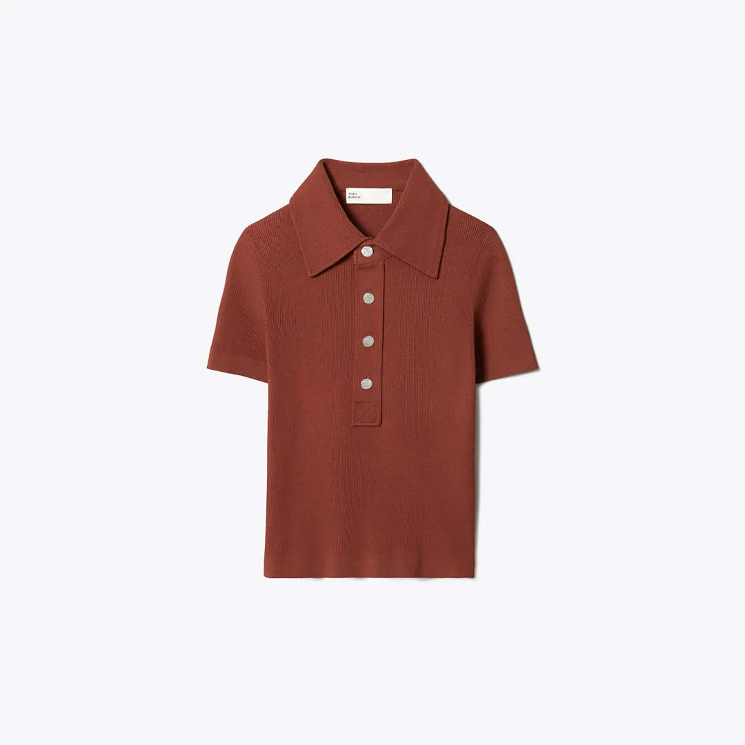 Viscose Ribbed Polo Sweater - Stone by Tory Burch