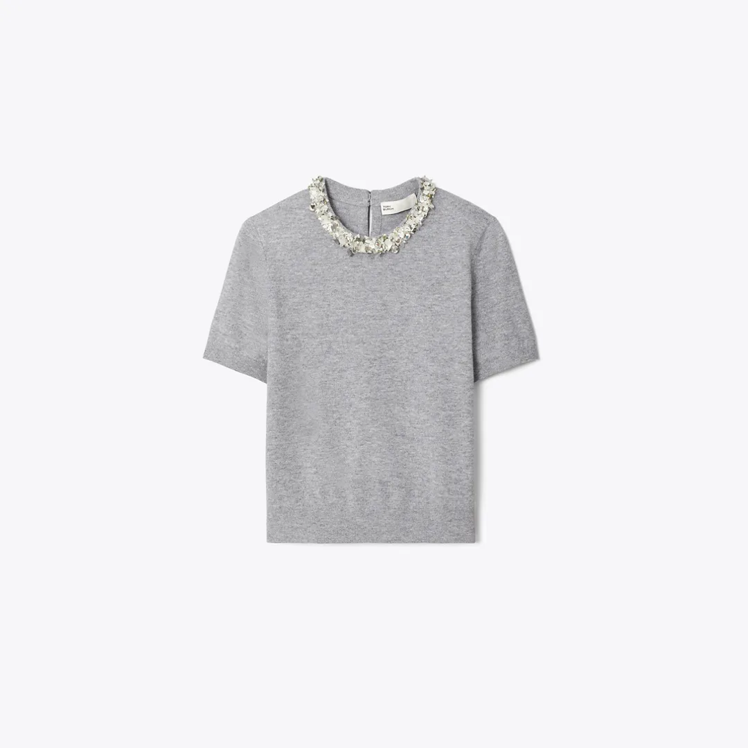 Wool and Sequin Short-Sleeved Sweater by Tory Burch
