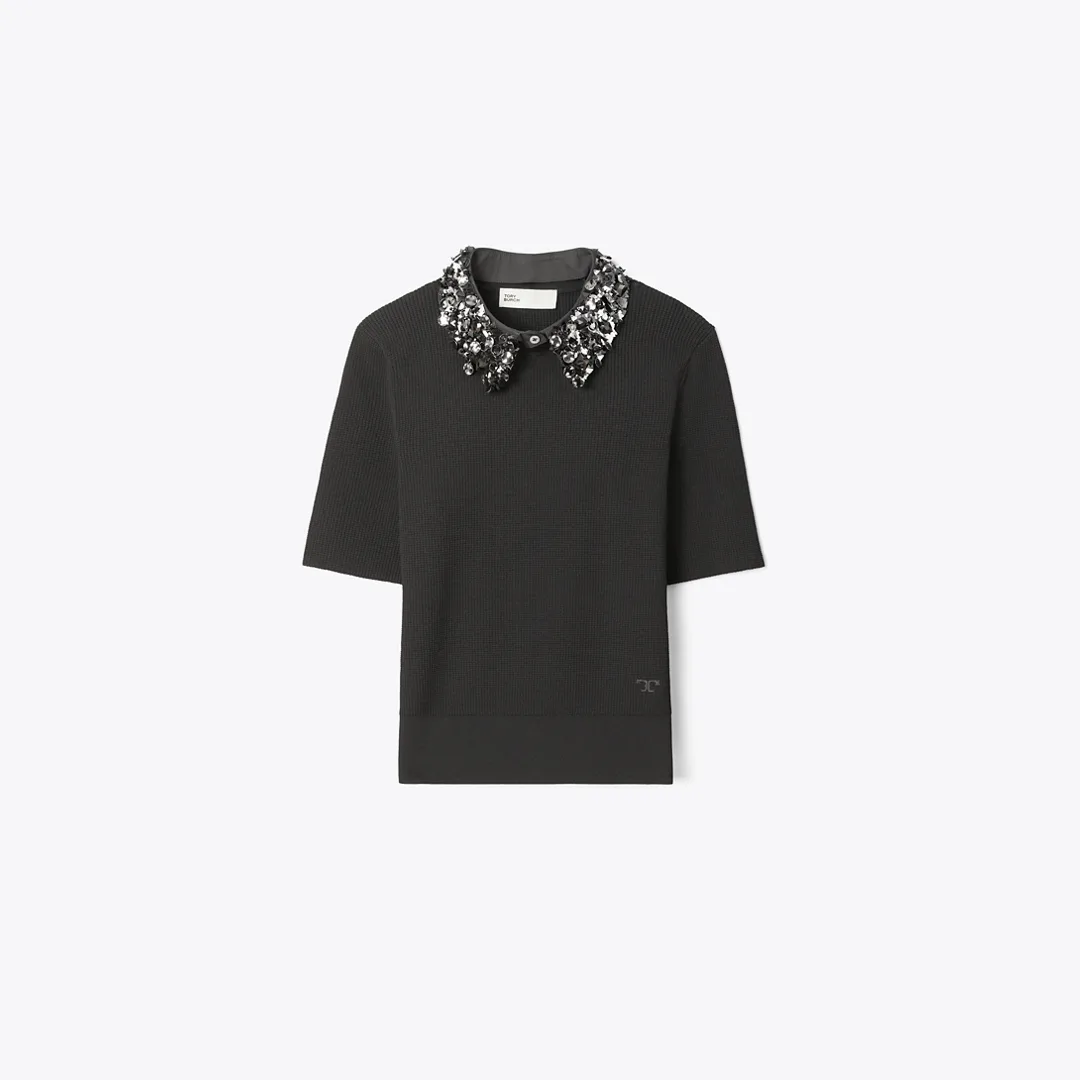 Embellished Collar Short-Sleeve Top