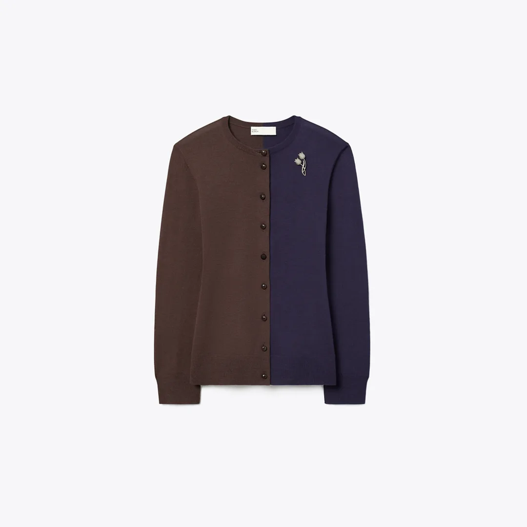 Brooch Color-Block Wool Cardigan by Tory Burch