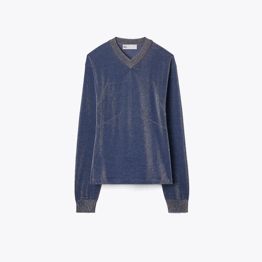 Metallic V-Neck Sweater by Tory Burch