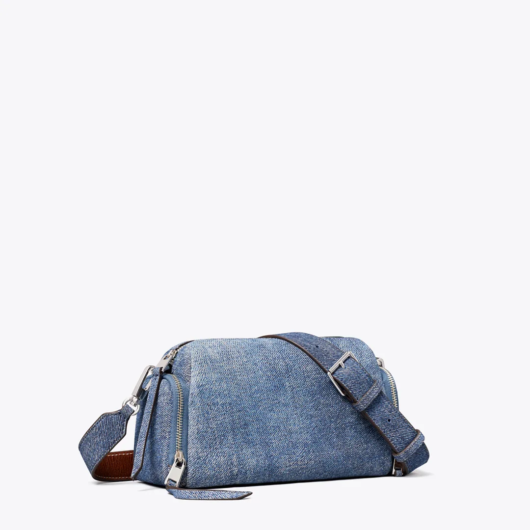Perry Denim-Print Suede Voyager Crossbody Bag by Tory Burch