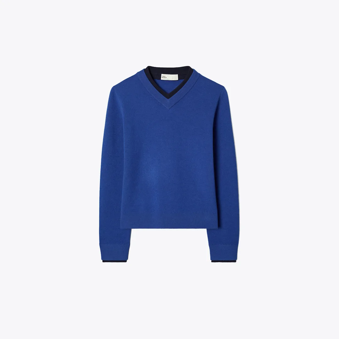 Wool Double Collar V-Neck Sweater by Tory Burch