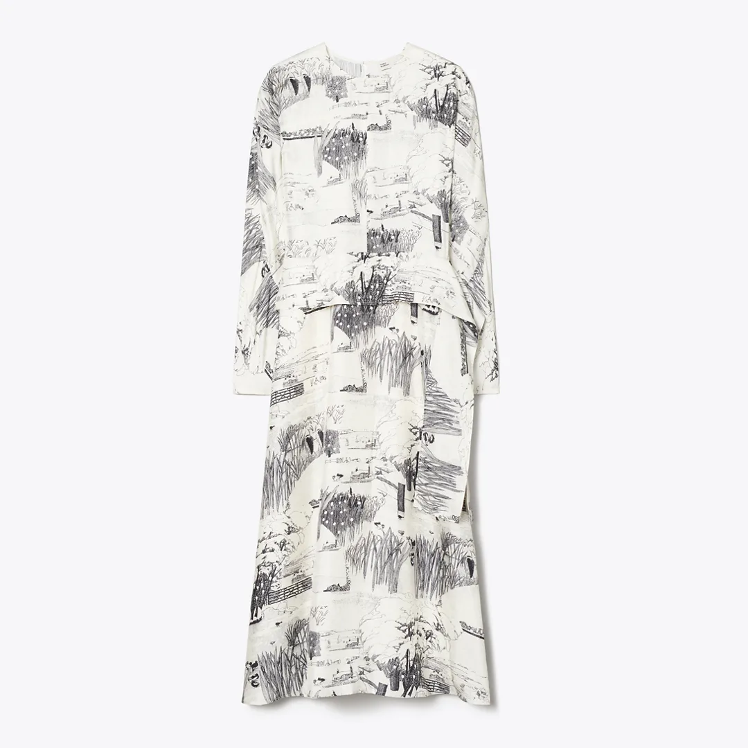 Printed Silk Tie-Waist Dress