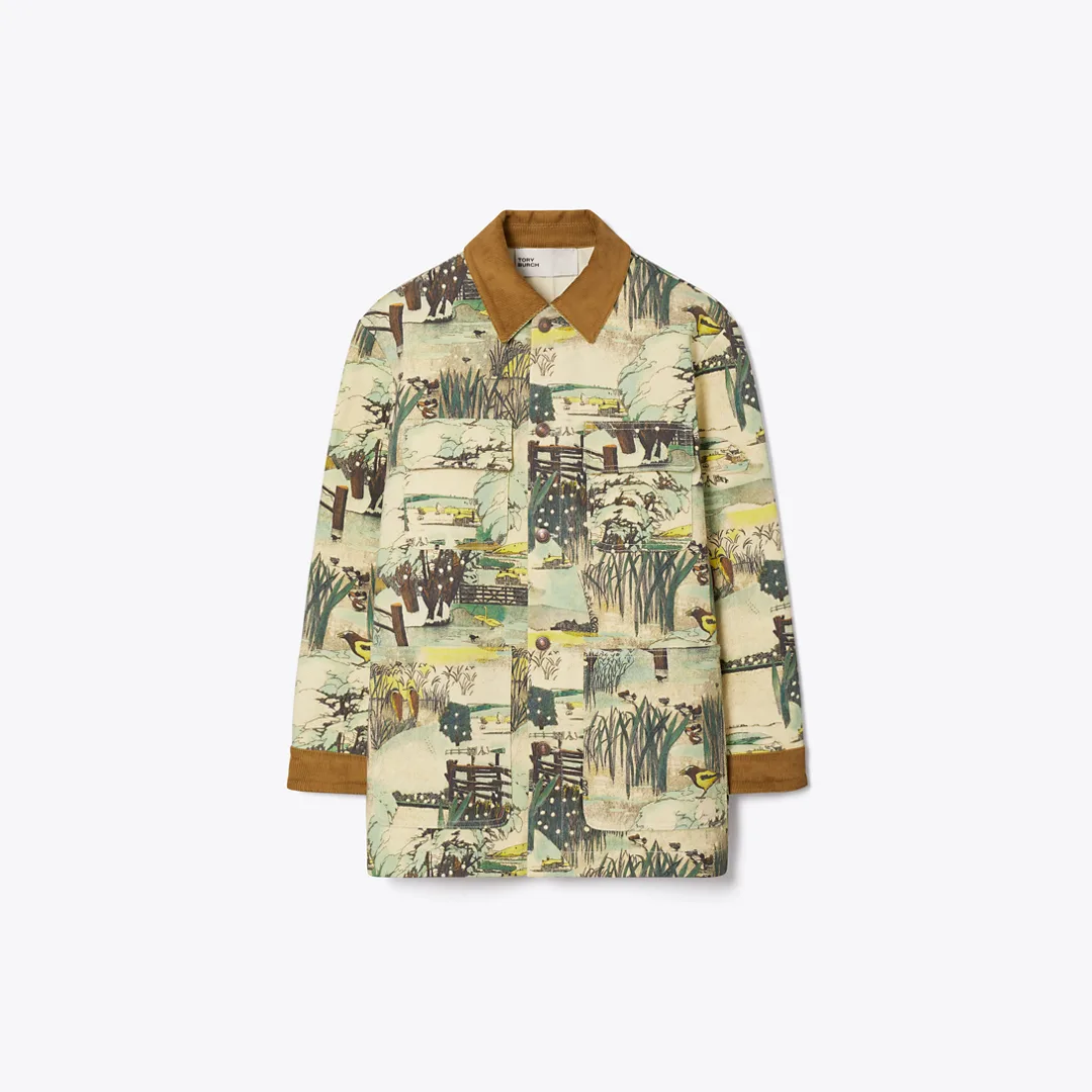Printed Denim Barn Jacket by Tory Burch