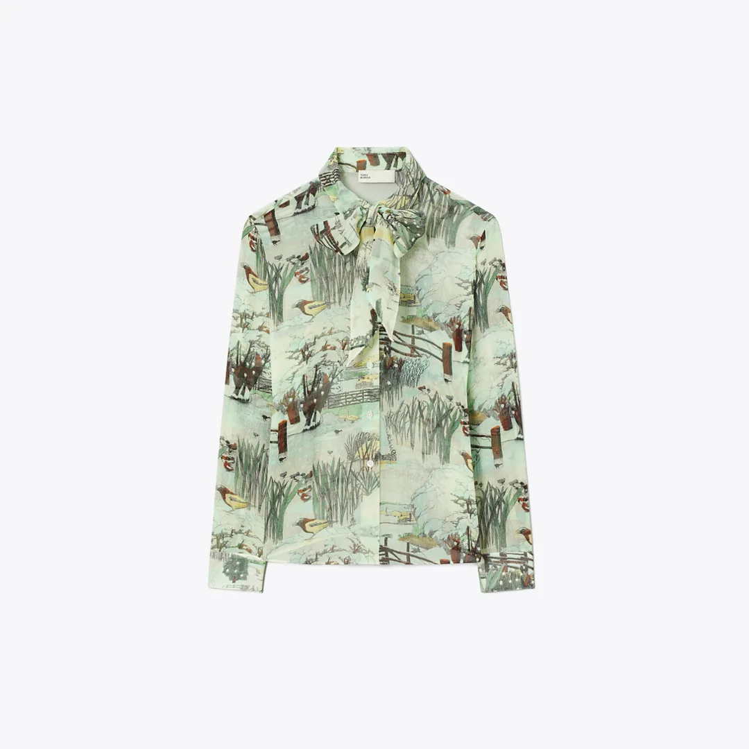 Printed Chiffon Bow Blouse by Tory Burch