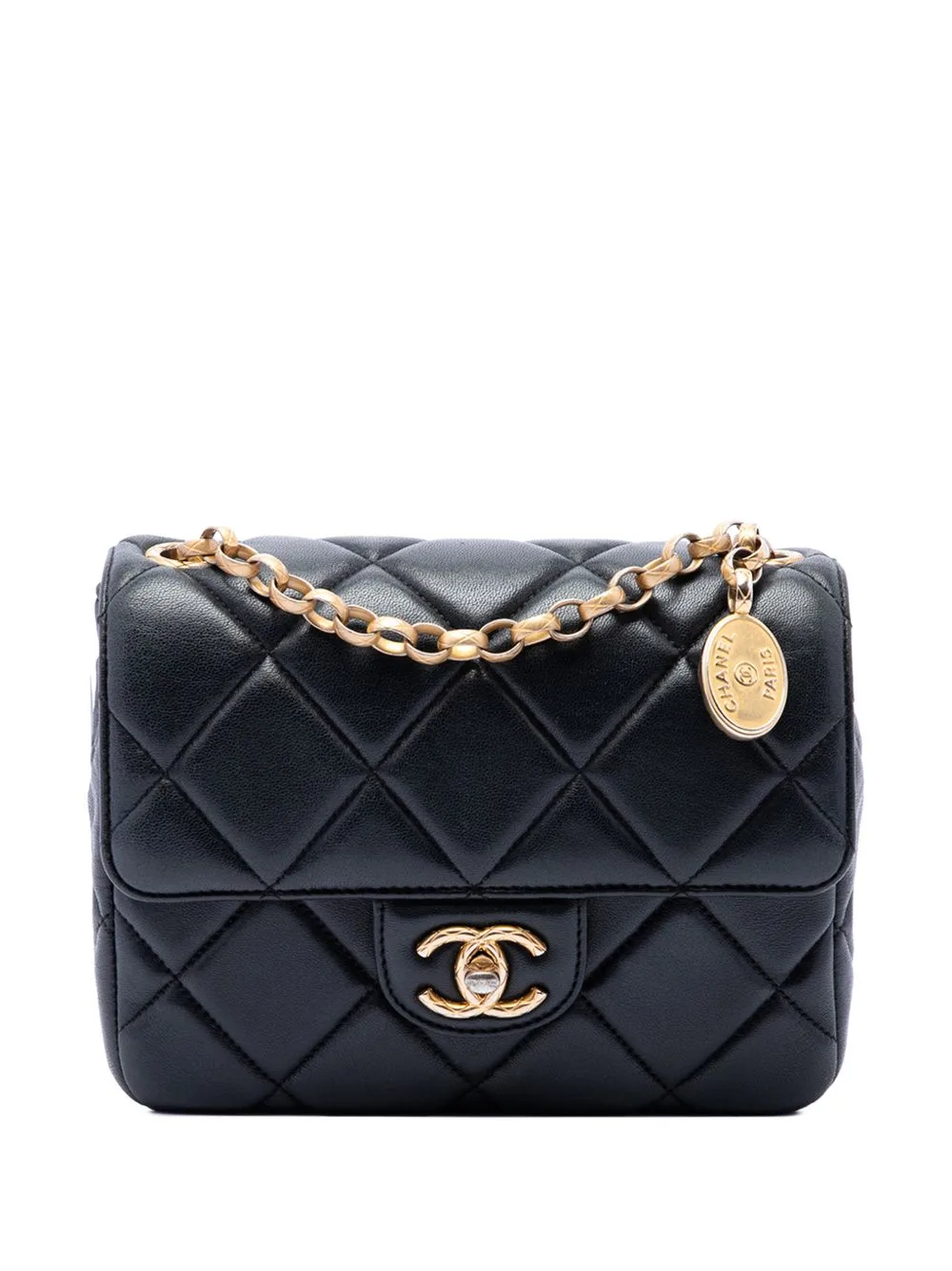 2021-2026 Mini Square Quilted Lambskin Bijoux Logo Chain Flap Crossbody Bag