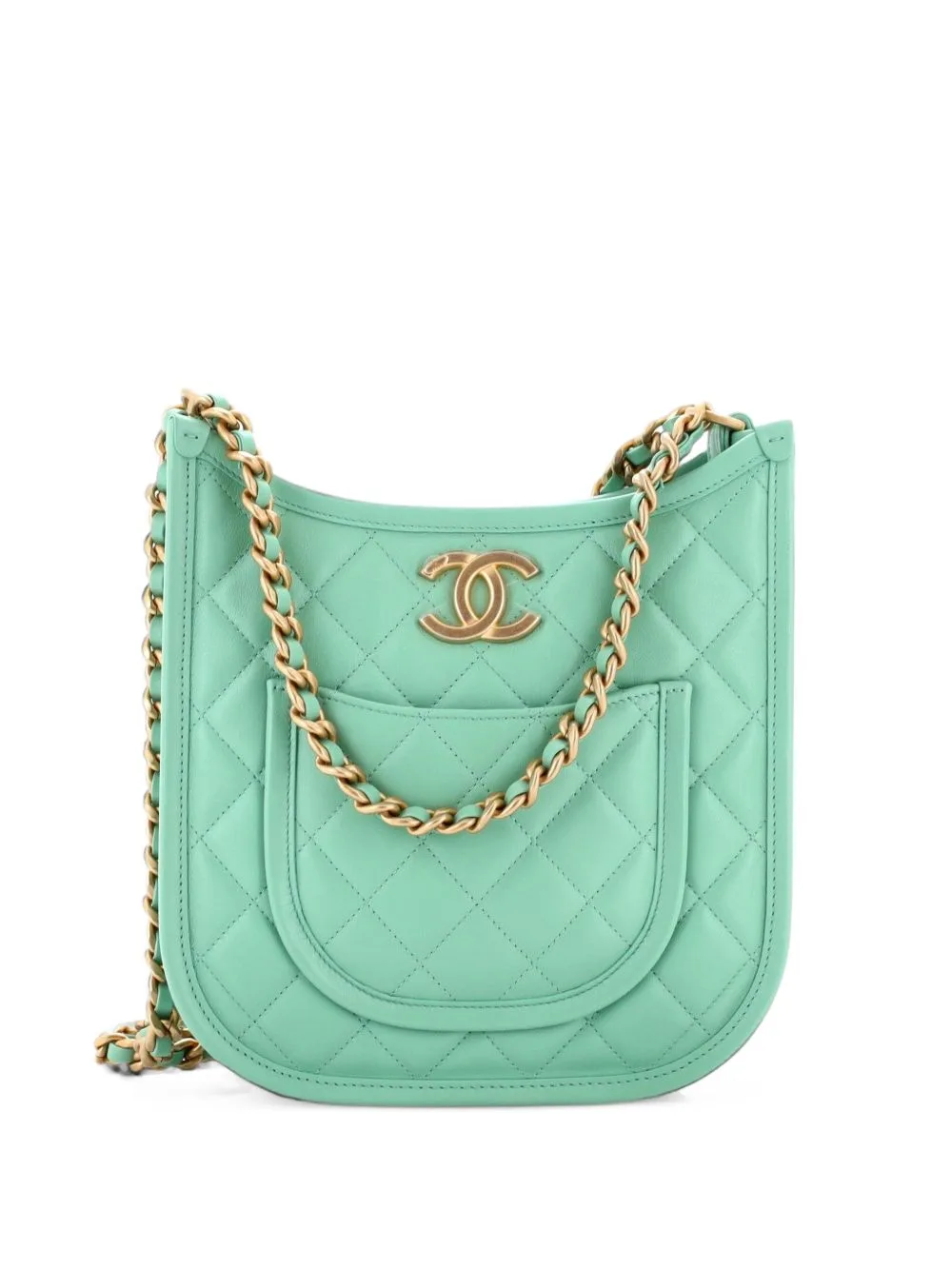 CC Front Pocket Chain Quilted Lambskin Small Hobo Bag